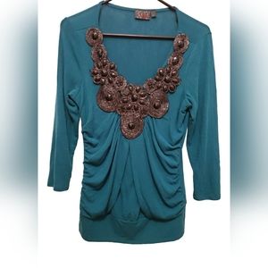 MCM Teal And Black Rhinestone And Bead Top, Women's  Size Large